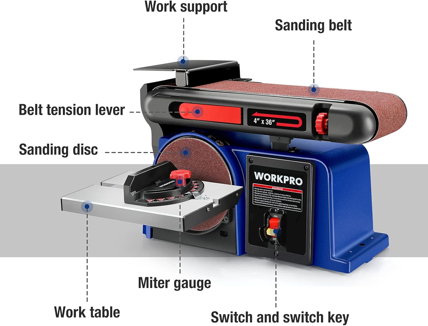 WORKPRO Belt Disc Sander, 4 in. x 36 in. Belt & 6 in. Disc Sander with 6pcs Sandpapers, Cast Iron Base for Sanding Woodworking, DIY Decoration