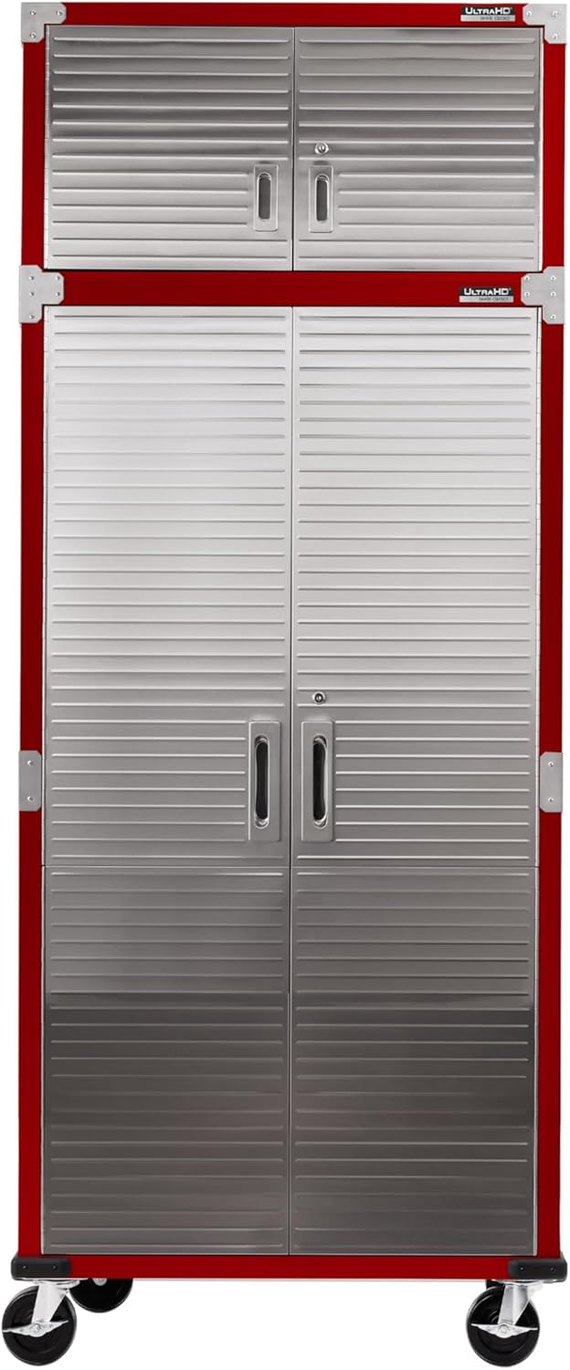 Seville Classics UltraHD 2-Piece Heavy Duty Mega Solid Steel Metal 2-Door Lockable Stacker Wall Storage Cabinet Set Organizer for Garage, Office, Classroom, 36" W x 18" D x 90.5" H, Red