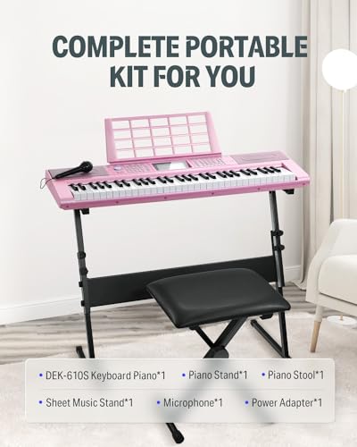Donner 61 Key Keyboard Piano, Electric Piano Keyboard Kit with 249 Voices, 249 Rhythms - Includes Piano Stand, Stool, Microphone, Gift for Beginners, Black (DEK-610S)