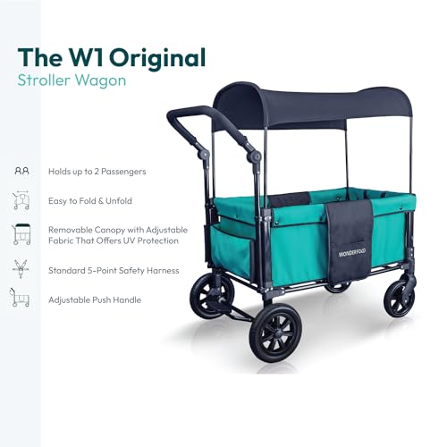 WONDERFOLD W1 Original Double Stroller Wagon (2 Seater) - Collapsible Wagon Stroller with Seats with 5-Point Harnesses, Adjustable Push Handle, and Sun Canopy, Teal Green