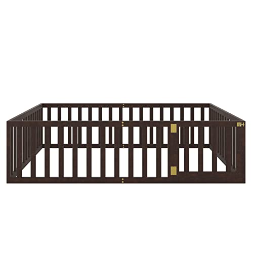 Twin Size Floor Bed Frame with Safety Fence and Door, Solid Wood Toddler Floor Bed with Fence, Twin Montessori Floor Bed Frame for Kids Girls Boys, Natural