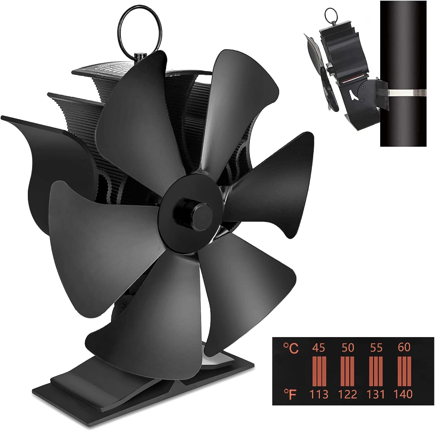 QUECAOCF 6 Blades Flue Pipe Stove Fan Fireplace Stove Fan with Thermometer Strip, Wood Burning Heat Powered Stove Fan for Wood/Log Burner/Fireplace, Eco Friendly and Efficient Heat Distribution Pack of 2