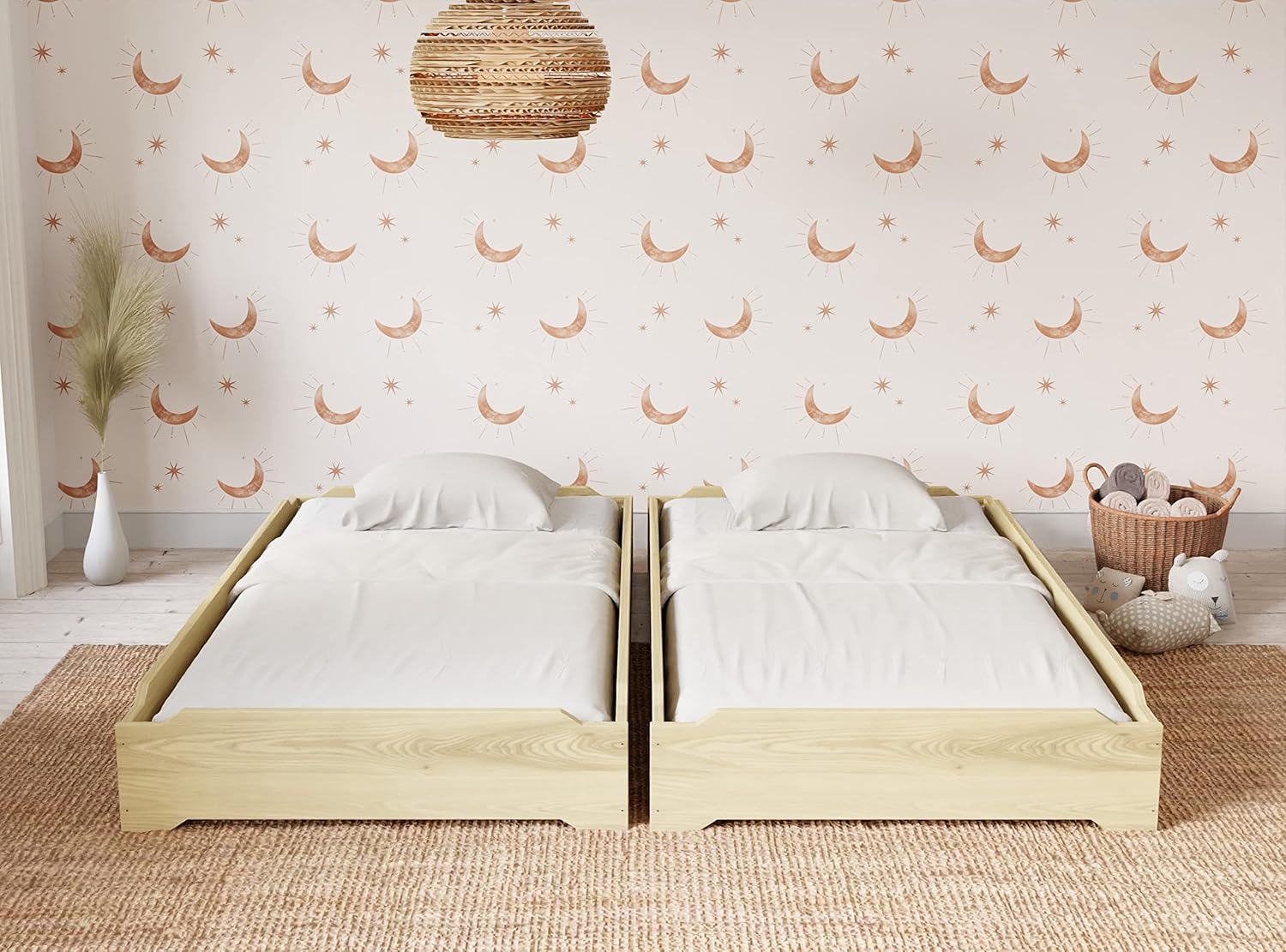 Stackable Beds - Set of Two - Twin over Twin Wooden Bed Floorbed Frame Unfinished -Easy to Assemble Solid Pine Wooden Bed Frame