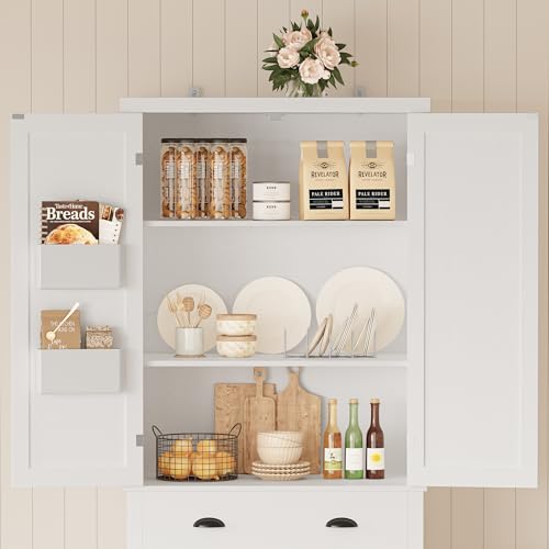 IRONCK Kitchen Pantry Storage Cabinet 72.6" H, with Barn Doors, Drawer, 4 Adjustable Shelves, Freestanding Cupboard for Dining Room Living Room, Laundry, White