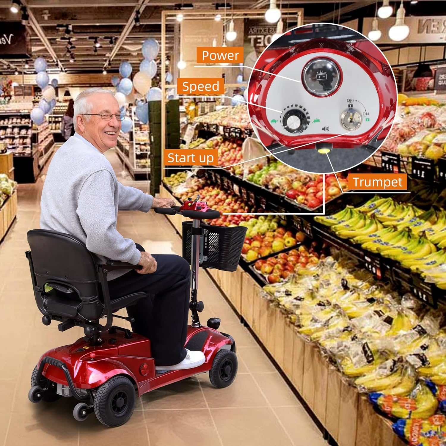 4 Wheel Mobility Scooter | Foldable and Portable Electric Scooter with Basket and Light | Compact Mobility Device Perfect for Adults, Elderly, and Travel, Red