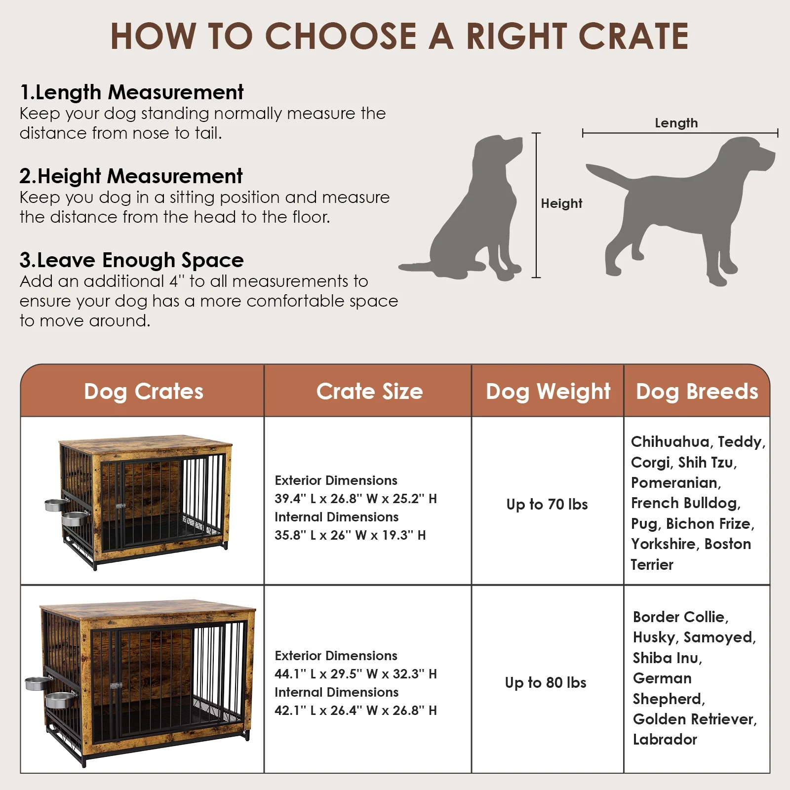 Arlopu 44.1'' Furniture Style Large Dog Crate with 2 Stainless Steel Bowls, Wooden Dog Cage End Table Dog House Heavy Duty Indoor Kennel for Small, Medium, Large Dogs