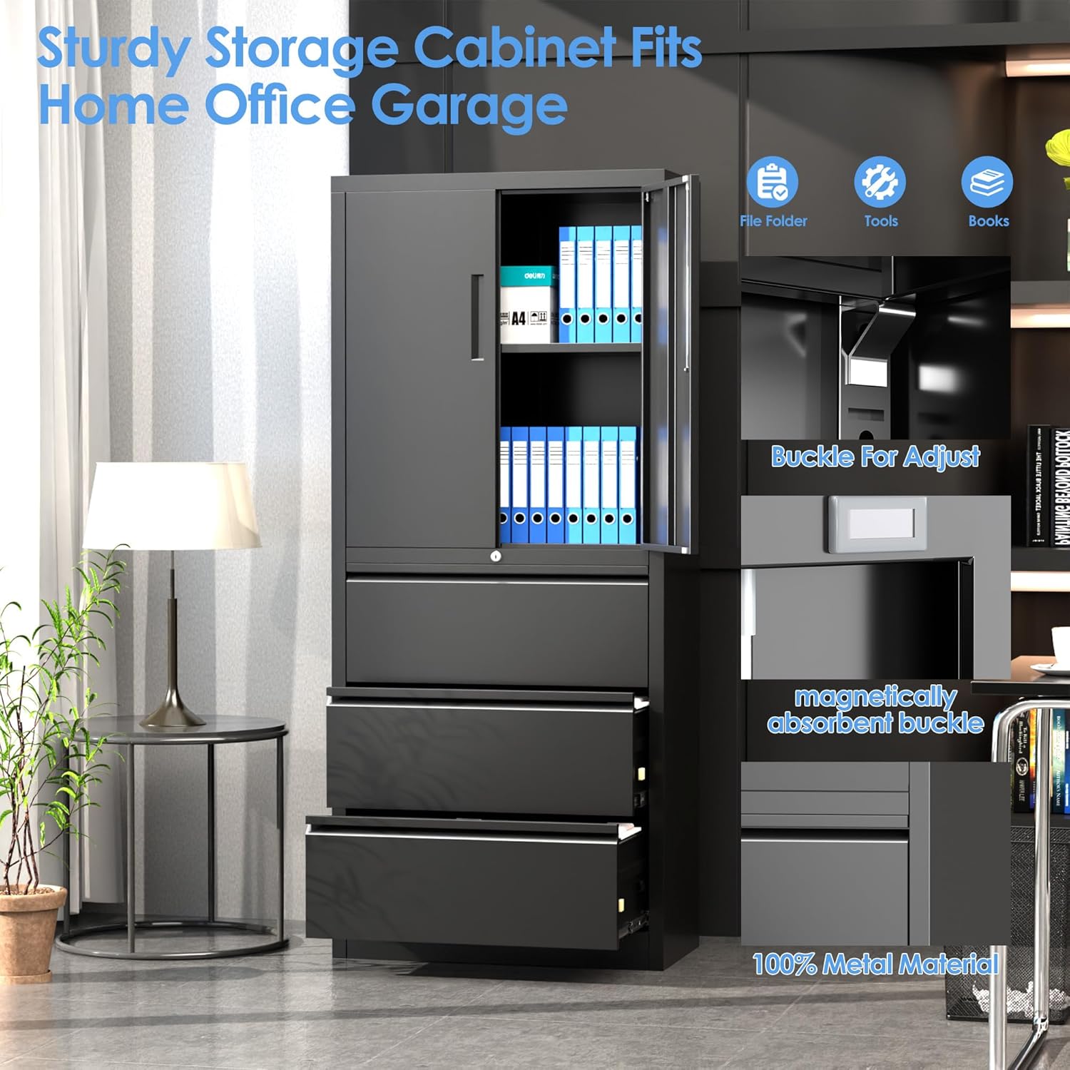 70.1" H Metal File Cabinets,File Cabinet with Lock and Adjust Shelves,3 Drawers Office Storage Cabinet with Lock for Letter/Legal/F4/A4 Size Files,Black,Assembly Required.