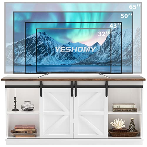 YESHOMY Farmhouse TV Stand for Televisions up to 65 Inches, Sliding Barn Doors and Storage Cabinets, Console Table and Media Furniture for Living Room, 58 Inch, Milk White
