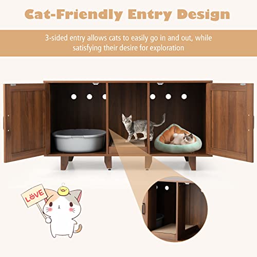 Tangkula Double Cat Litter Box Enclosure for 2 Cats, Large Stackable Hidden Privacy Cat Washroom Cabinet with Scratching Board, Indoor Cat House TV Stand, Litter Box Furniture (Grey Oak)