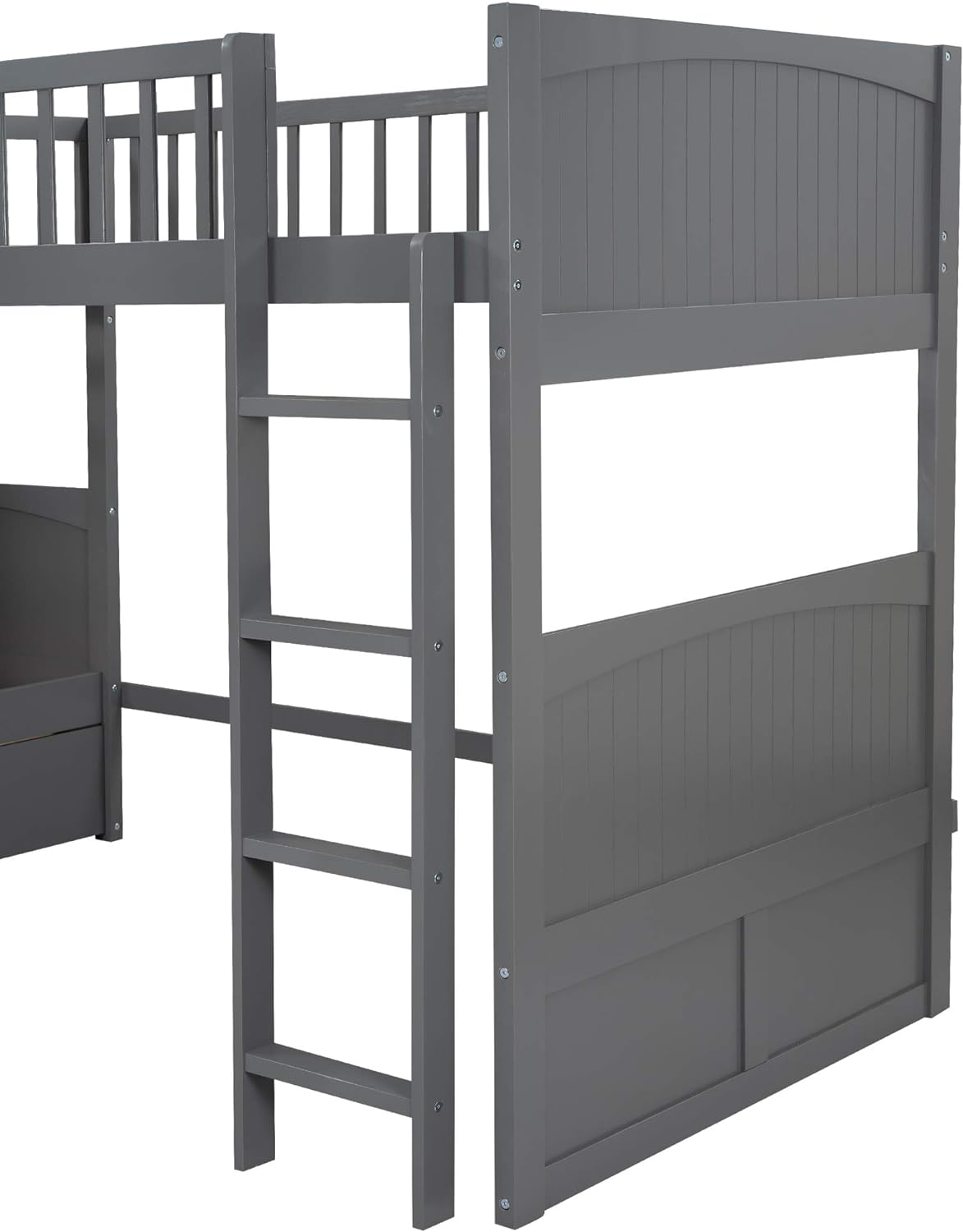 Twin over Twin L-Shaped Triple Bunk Beds with 2 Storage Drawers and 2 Ladders, Wooden Bunk Beds with a Loft Attached for 3 Kids Teens, Gray