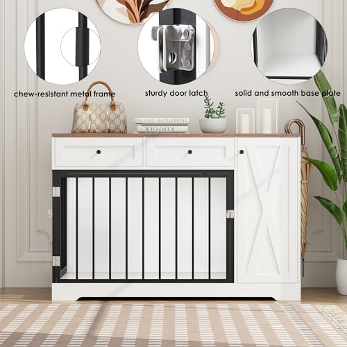 Dog Crate Furniture Kennel with Double Doors Wooden Pet House with 2 Drawers and Storage Cabinet, Indoor Dog Cage Farmhouse Modern Side End Table for Small Medium Dogs, White