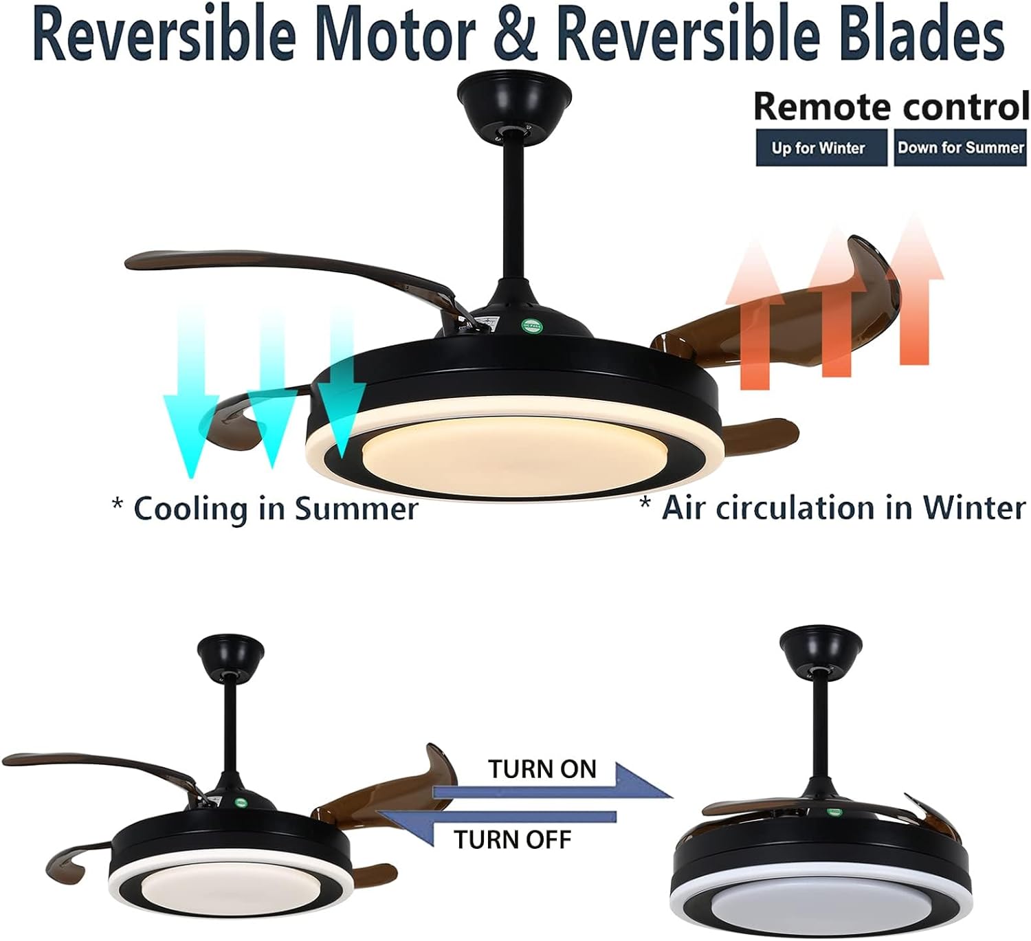 OUKANING 42 Inch Retractable Ceiling Fan, Reversible Fandelier with Lights Remote Silent Motor, 6 Speed, 3 Color Change, Timer, Chandelier for Bedroom Living Room