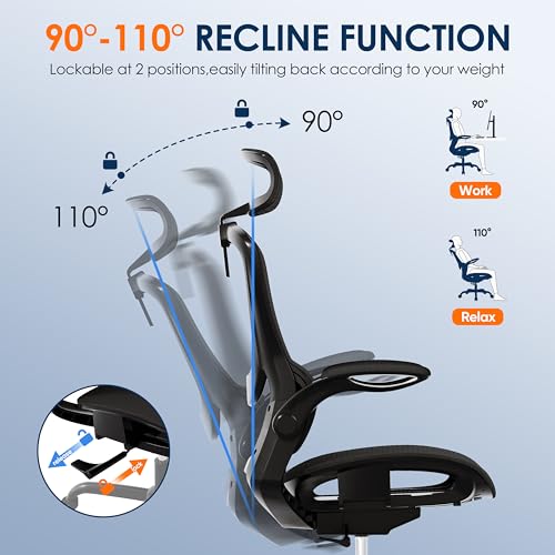 GABRYLLY Ergonomic Mesh Office Chair- White Desk Chair, Flip-Up Armrest, Adjustable Headrest, Tilting with Soft Seat and PU Wheel, Elite Home Desk Chair for Work, Study, Gaming (GY1108)