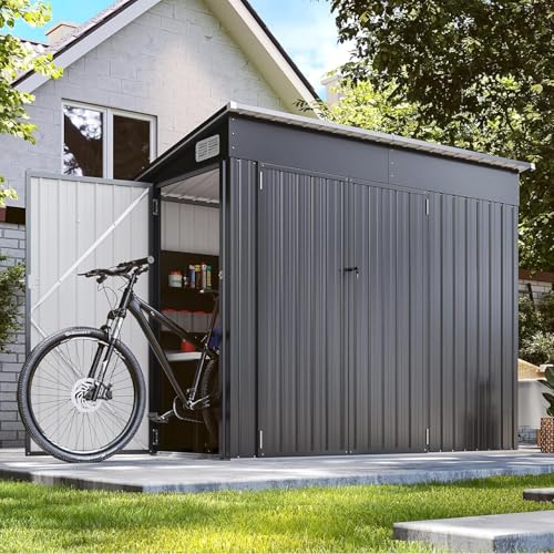 8'x4' Shed Galvanized Steel Storage Sheds with Triple Doors Weatherproof Outdoor Utility Sheds, Dual Lock Lean to Shed with Sloped Roof for Mower, Bike, Generator, Garden Tools (Black)