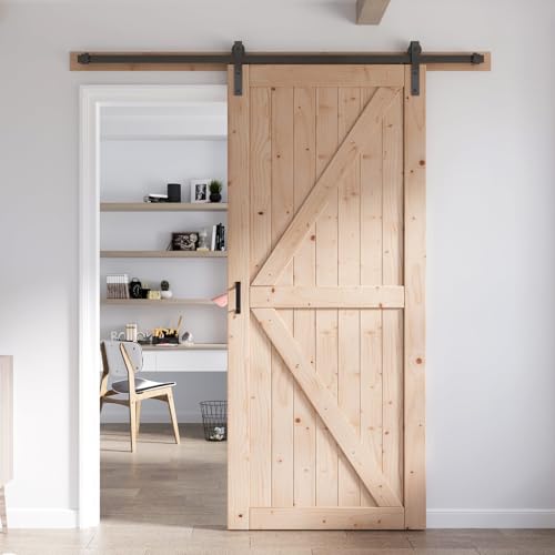FREDBECK 48in x 80in Sliding Wood Barn Door with 8FT Barn Door Hardware Kit Included K Shape Solid Spruce Panel Sliding Door Double Surfaces Need to Assembly