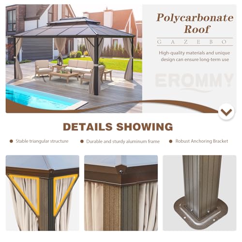 EROMMY 10' x 12' Hardtop Gazebo, Aluminum Frame Gazebos with Galvanized Steel Double Roof, Permanent Outdoor Metal Pavilion with Curtain and Netting for Patio, Lawn, Deck