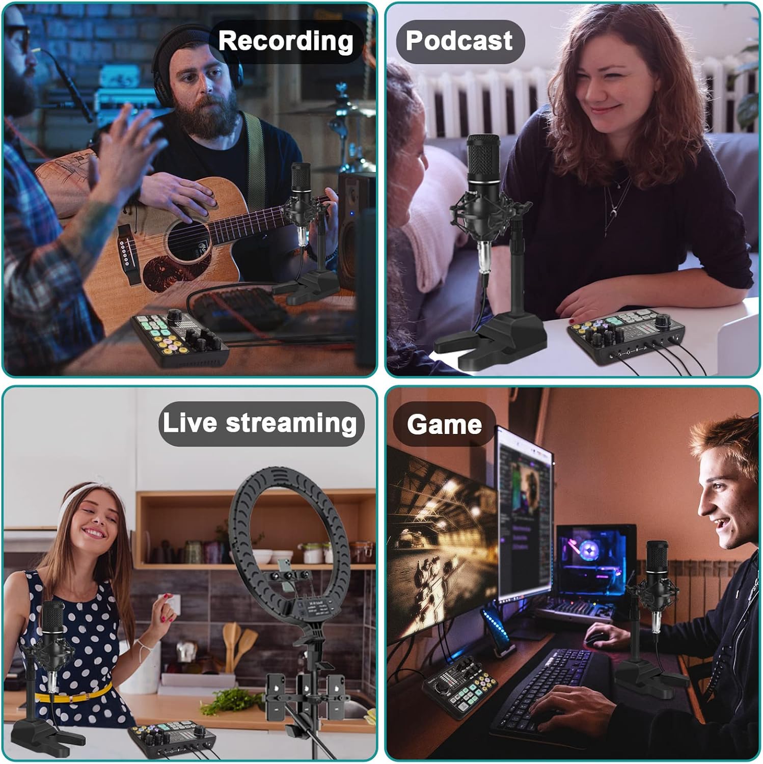 Podcast Equipment Bundle Audio Interface with DJ Mixer Integrated Smartphone PC Universal Noise Reduction Recording, Live Broadcast, Gaming, Interview