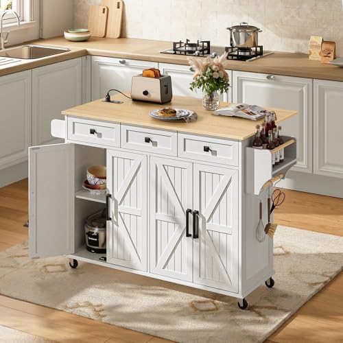 Kitchen Island with Drop Leaf, Kitchen Cart with Charging Station, Kitchen Table with Storage, Rolling Island Table with 3 Drawers, Towel Rack and Spice Rack, White and Walnut