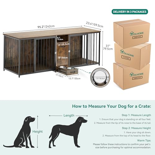 DWVO Double Dog Kennel Furniture, 80.2" Dog Cage Furniture with Divider, Double Dog Crate TV Stand for 2 Medium Dogs, Black
