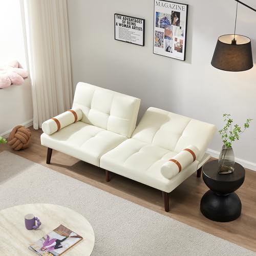 Convertible Sofa Bed Futon Linen Sleeper Couch with Adjustable Backrests Soild Wood Legs for Bedroom Living Room White