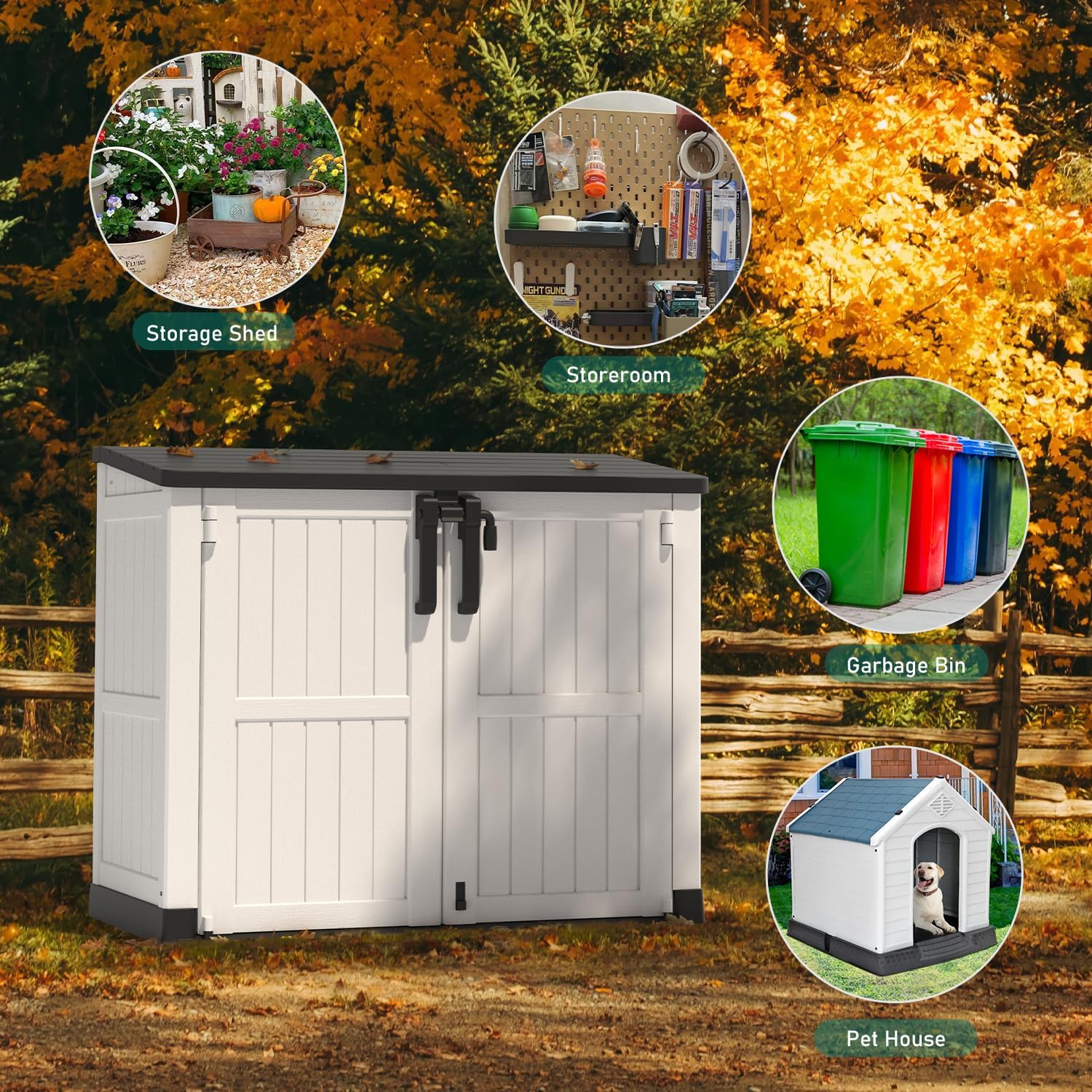 Outdoor Storage Shed 36 Cu. Ft.Horizontal Garden Storage Extra Large Capacity Weather Resistant Storage Box, Lockable Resin Waterproof Shed for Bike, Garbage Cans, Lawnmowe, Garden Tools