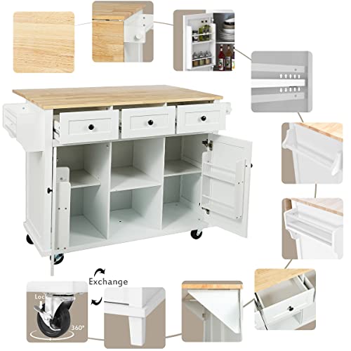 Kitchen Island with Storage, Rolling Kitchen Cart on Wheels with 3 Drawers and Internal Storage Racks, Rolling Mobile Portable Kitchen Cart with Drop-Leaf Countertop and Spice Rack (Black)