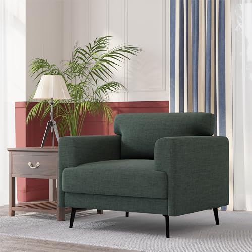 Oversized Accent Chair, Linen Fabric Mid Century Modern Chair with Solid Wood Frame and Soft Cushion, Upholstered Linen Fabric Armchair Reading Chairs for Living Room Bedroom, Yellow