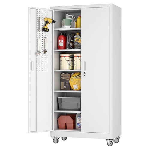 Aobabo 71" H×34" W×18" D Garage Metal Storage Cabinet with Wheels, Locking Steel Storage Cabinet with 5 Shelves and 4 Hooks, for Home Office, School, Assembly Required, Black Silver