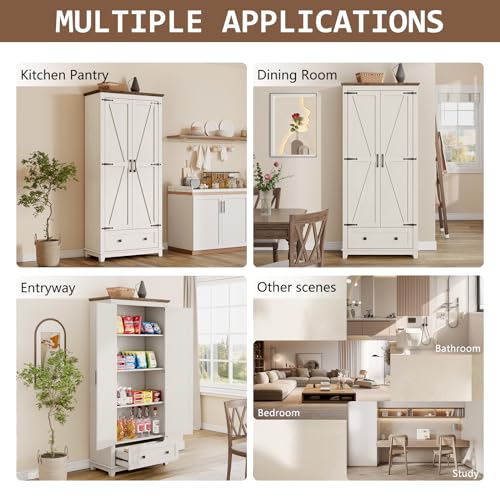 Farmhouse Kitchen Pantry Cabinet, 72" Tall Storage Cabinet with Adjustable Shelves & Barn Doors, Freestanding Kitchen Cupboard for Dining Room, Living Room, Barnwood+White