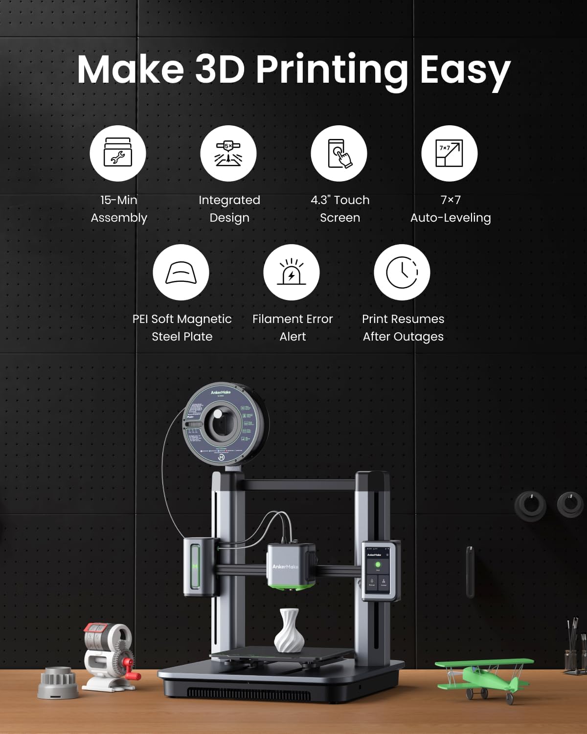 AnkerMake M5 3D Printer, Powerboost, High Speed Upgraded to 500 mm/s, Fast Mode, Smooth Detail, Intuitive Control, Error Detection with AI Camera, Auto-Leveling, Integrated Die-Cast Aluminum Alloy
