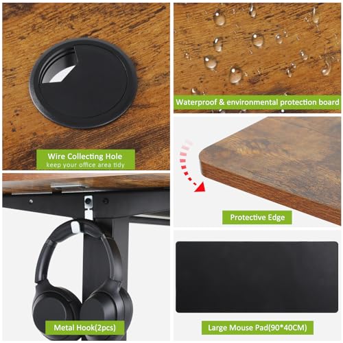 farexon Electric Standing Desk 55 x 24In with Charging Station, Stand up Desk with Oversized Mouse Pad, 2 USB Ports & 3 Power Outlets, 4 Caster, 4 Preset Heights Easy to Set（Brown）