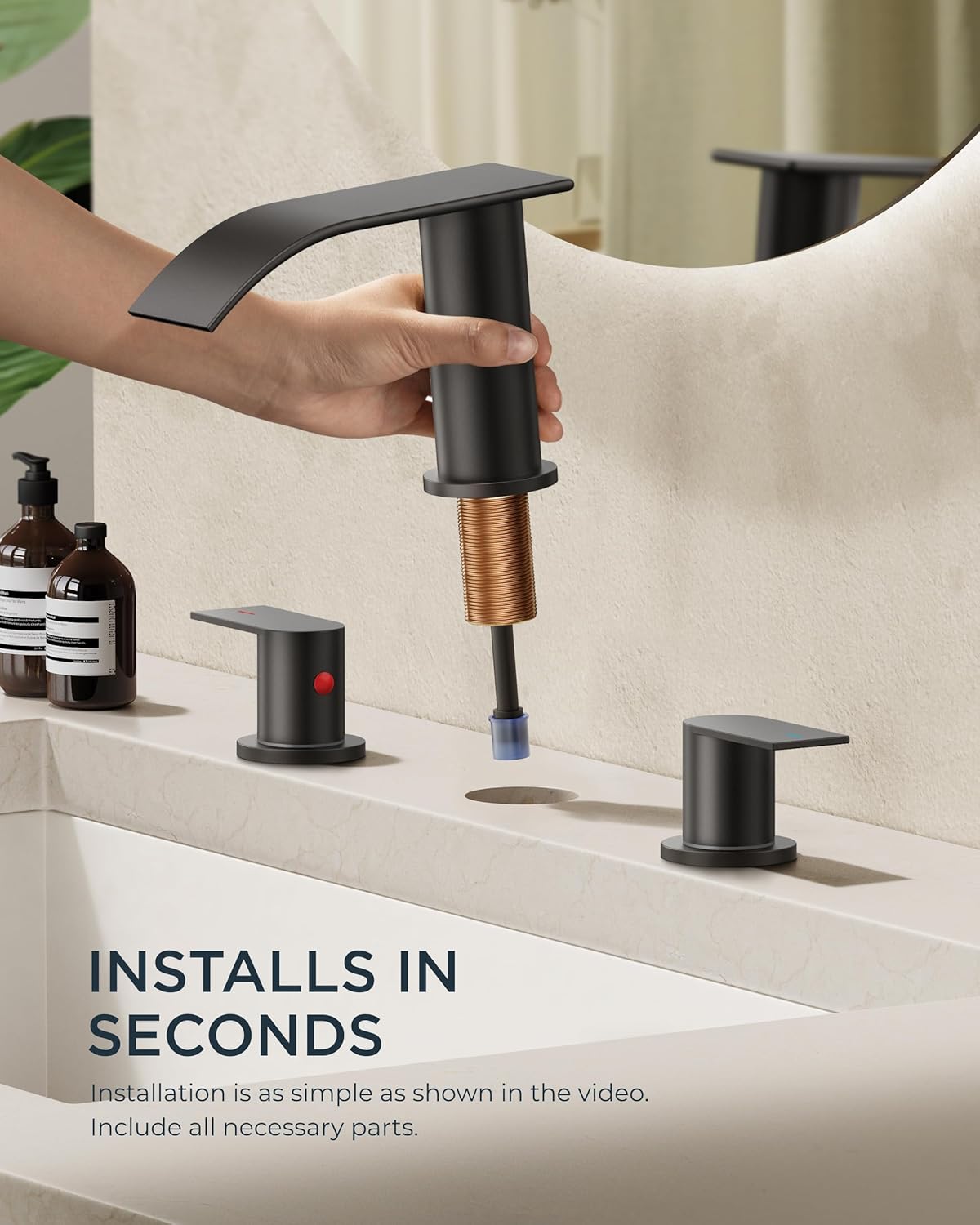 FORIOUS Kitchen Faucets with Pull Down Sprayer + 8 Inch Waterfall Bathroom Faucet 3 Hole