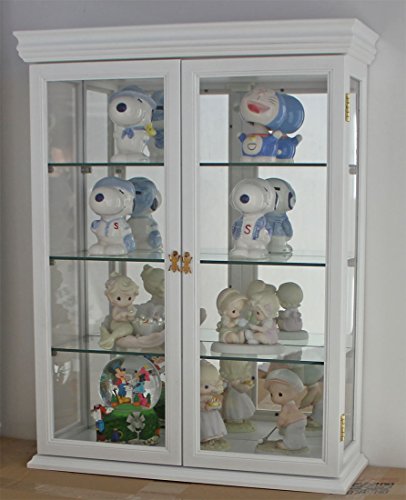 DisplayGifts 26" Solid Wood Tuscan Style Wall Mount SMALL Curio Cabinet Stand 20" W X 26" H X 6.2" D Mirror Background White
