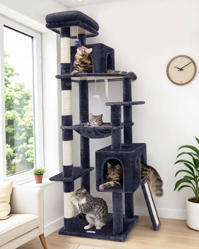 Globlazer Heavy Duty Cat Tree, 70 inch Sturdy Cat Tree for Indoor Cats Extra Large Cat Tower with Scratching Post, Hammock, Cat Condo for Adult Cats Kittens, F70 Pro, Light Grey