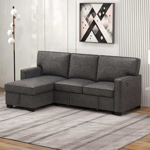 Convertible Sleeper Sofa 3 in 1, Chenille Modern L-Shaped Couches for Living Room, Pull Out Sectional Futon Sofa Bed with Storage Space, USB Ports and Cup Holders for Bedroom, Grey