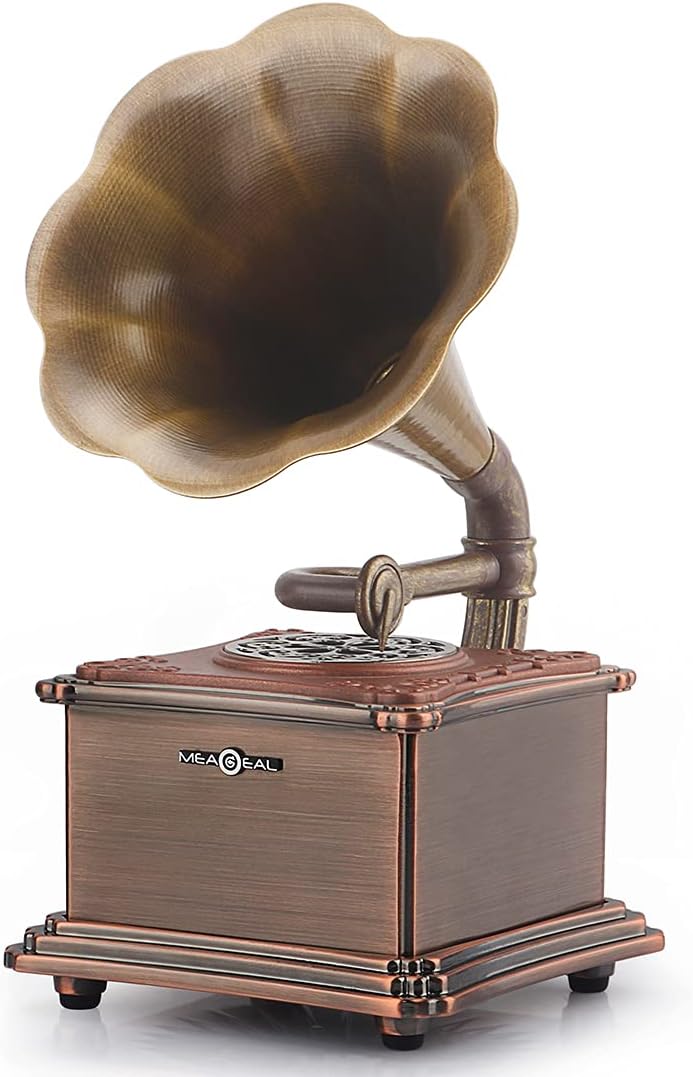 MEAGEAL Mini Retro Bluetooth Speaker, Vintage Metallic Gramophone Shape USB Wireless Speaker Phonograph Shape with Stereo Sound, Copper Horn,Aluminum Body,3.5mm Aux,TF Card…