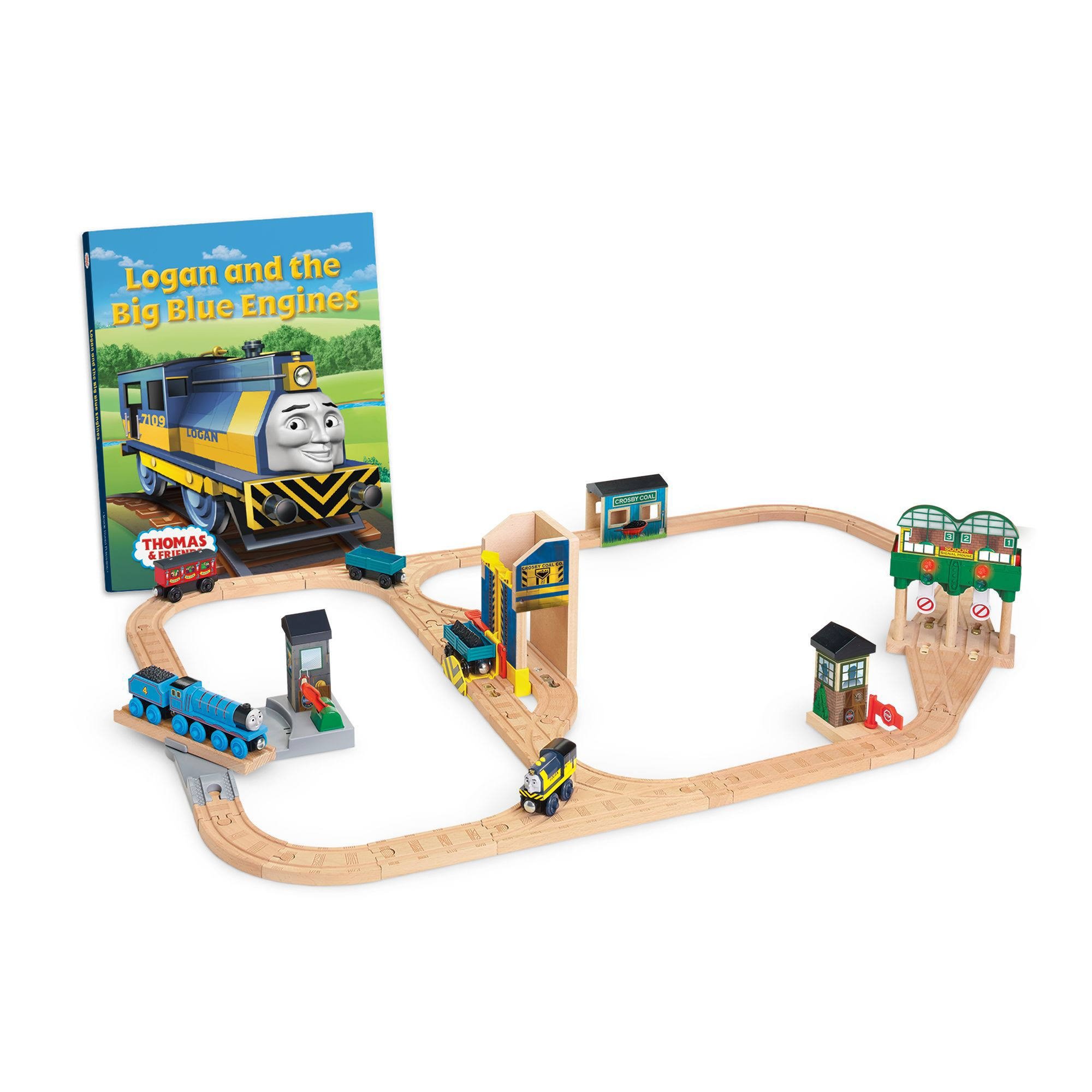 Fisher Thomas Friends Wooden Railway Logan and The Big Blue Engines Set