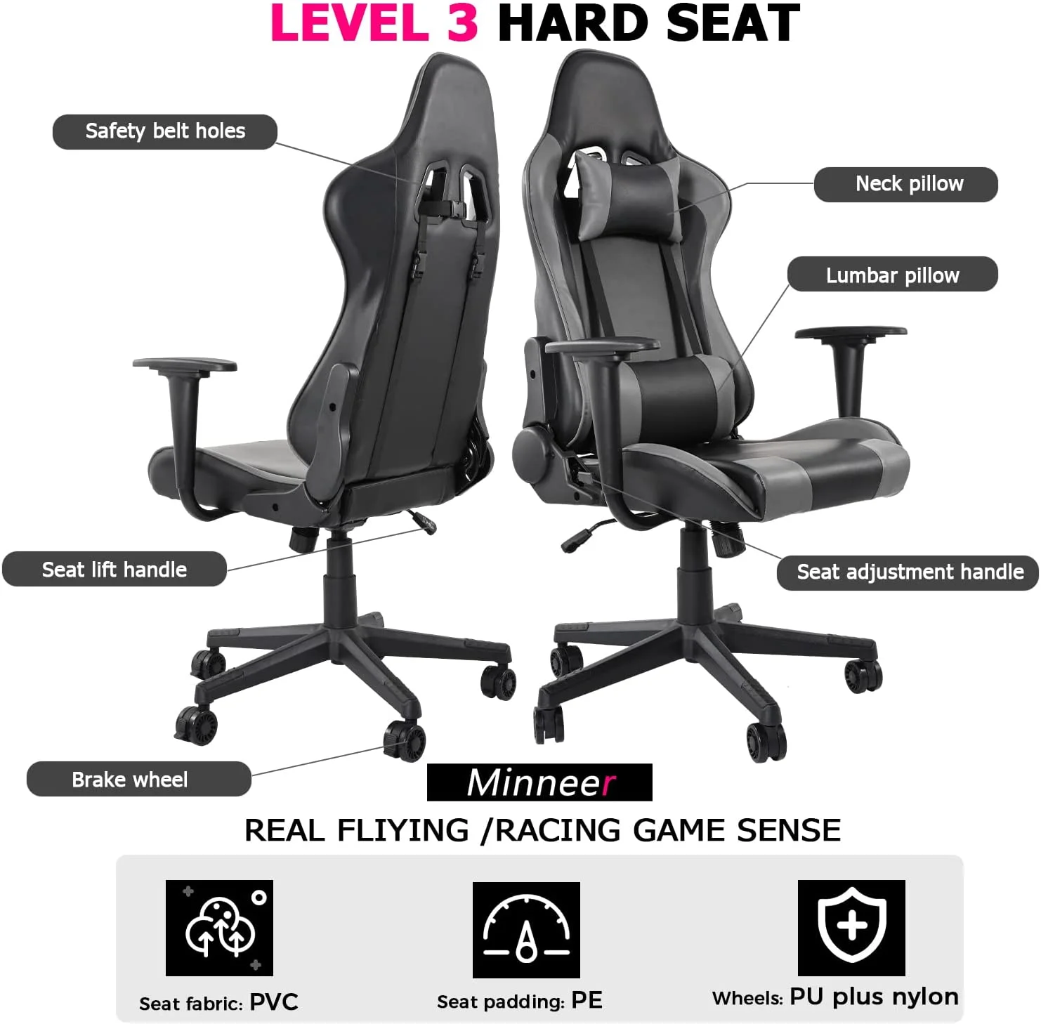 Minneer Flight & Racing Simulator Gaming Chair with Adjustable Headrest and Lumbar Pillow Swivel Liftable Office Chair,Gray
