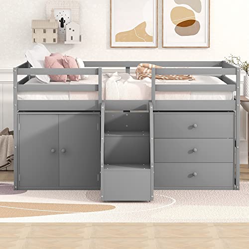 Full Size Low Loft Bed with Retractable Writing Desk, Storage Bed with 4 Drawers and Shelves, Wooden Loft Bed with Lateral Portable Desk for Kids Teens Adults Bedroom (White-Full)