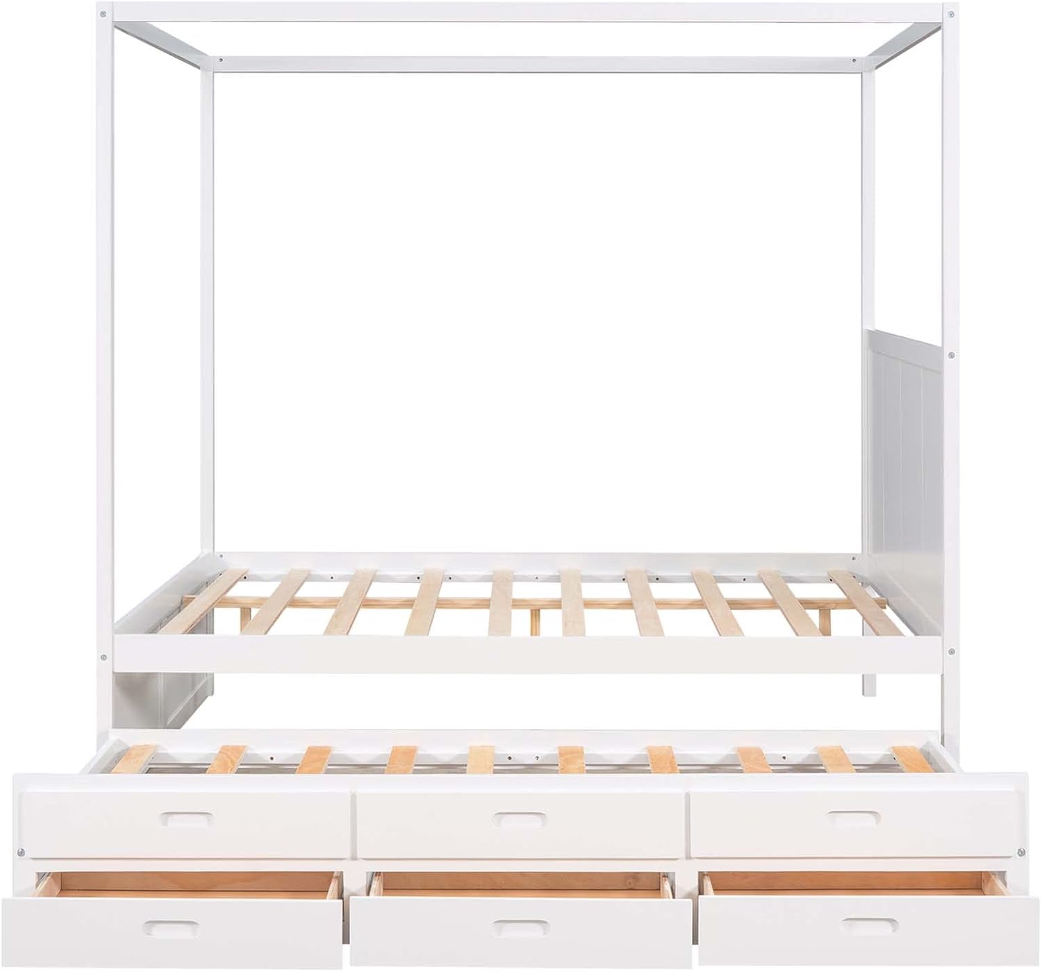 Queen Size Wood Canopy Platform Bed with Twin Size Trundle Bed and 3 Storage Drawers, Sturdy Wood Slats Support, No Box Spring Required, Simple Assembly for Boys Girls Teenagers and Adults, White