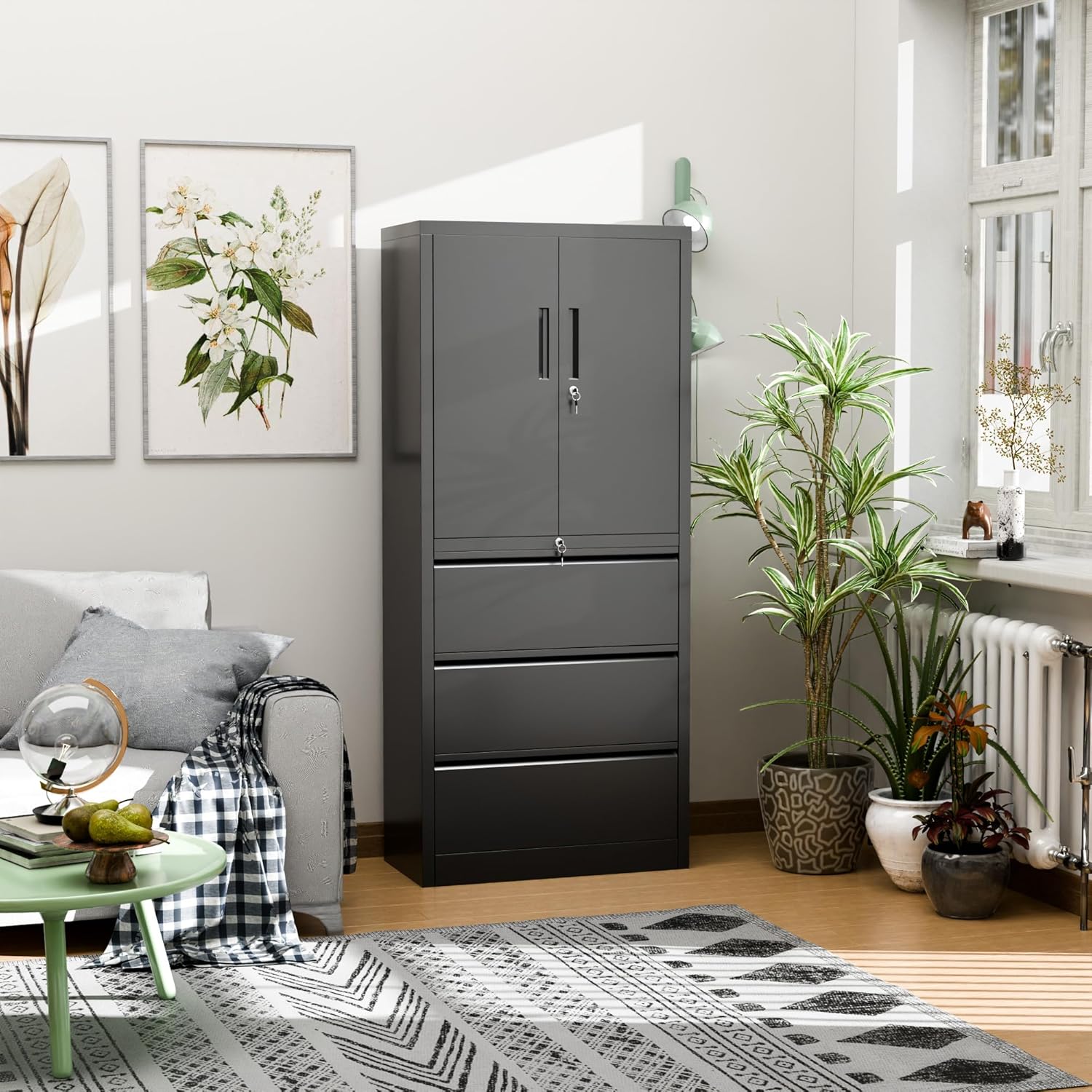 70.1" H Metal File Cabinets,File Cabinet with Lock and Adjust Shelves,3 Drawers Office Storage Cabinet with Lock for Letter/Legal/F4/A4 Size Files,Black,Assembly Required.