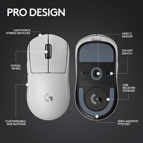 Logitech G PRO X Superlight 2 DEX Wireless Gaming Mouse, 60g pro-Grade Right-Handed Mouse with 5 programmable Buttons, USB-C Charging, 44k DPI Sensor, up to 8 kHz Polling for PC/Mac - White