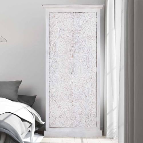 Shabby Chic White Carved Wardrobe - Solid Wood, 35.2" W x 23.4" D x 74.6" H Inches,Solid Wood Wardrobe,White Armoire