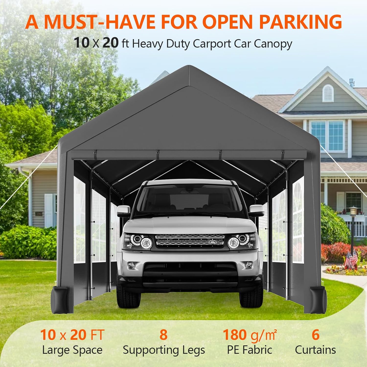10 * 20 Heavy Duty Carport Canopy, Portable Car Tent Garage with 6 Roll-up Windows and All-Season Tarp Cover, Metal Roof & 4 Sandbags for Car, SUV, Truck & Boat, Grey
