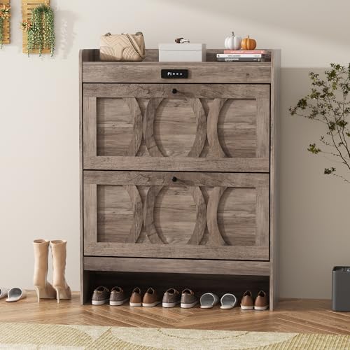 Intelligent 2 Flip Drawers Shoe Storage Cabinet, Rustic White