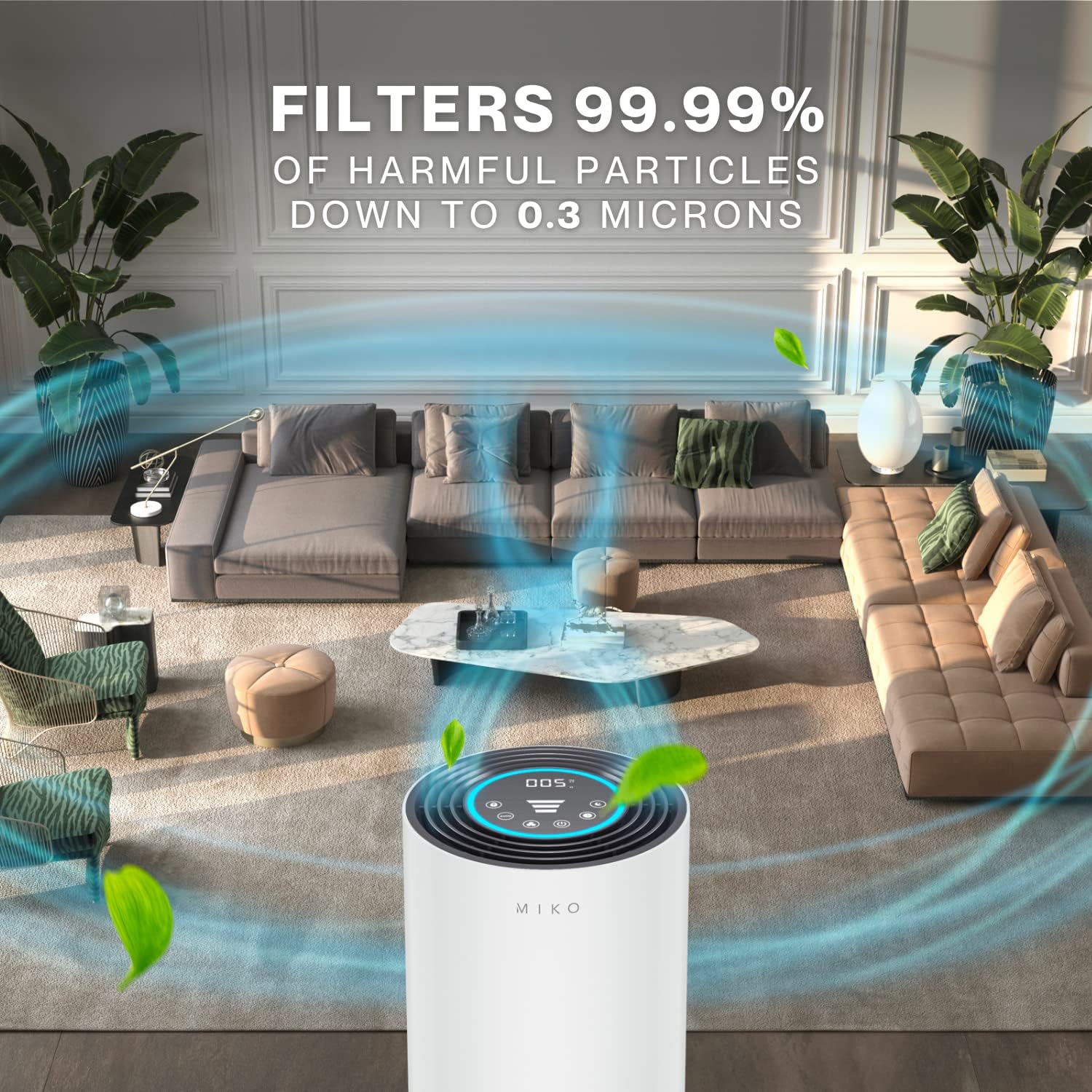 MIKO XL Air Purifier for Home Large Room Covers Up To 2100 Sqft, H13 True HEPA | PM 2.5 Indicator, Auto Mode, 4 Fan Speeds - Removes 99.97% of Particles, Smoke, Dust, For Home