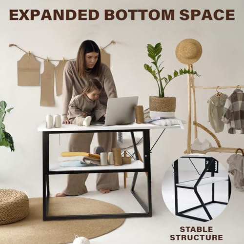 Sewing Table, Large Sewing Machine Table with Adjustable Platform,Sewing Tables for Sewing Machines with Storage Shelf-White