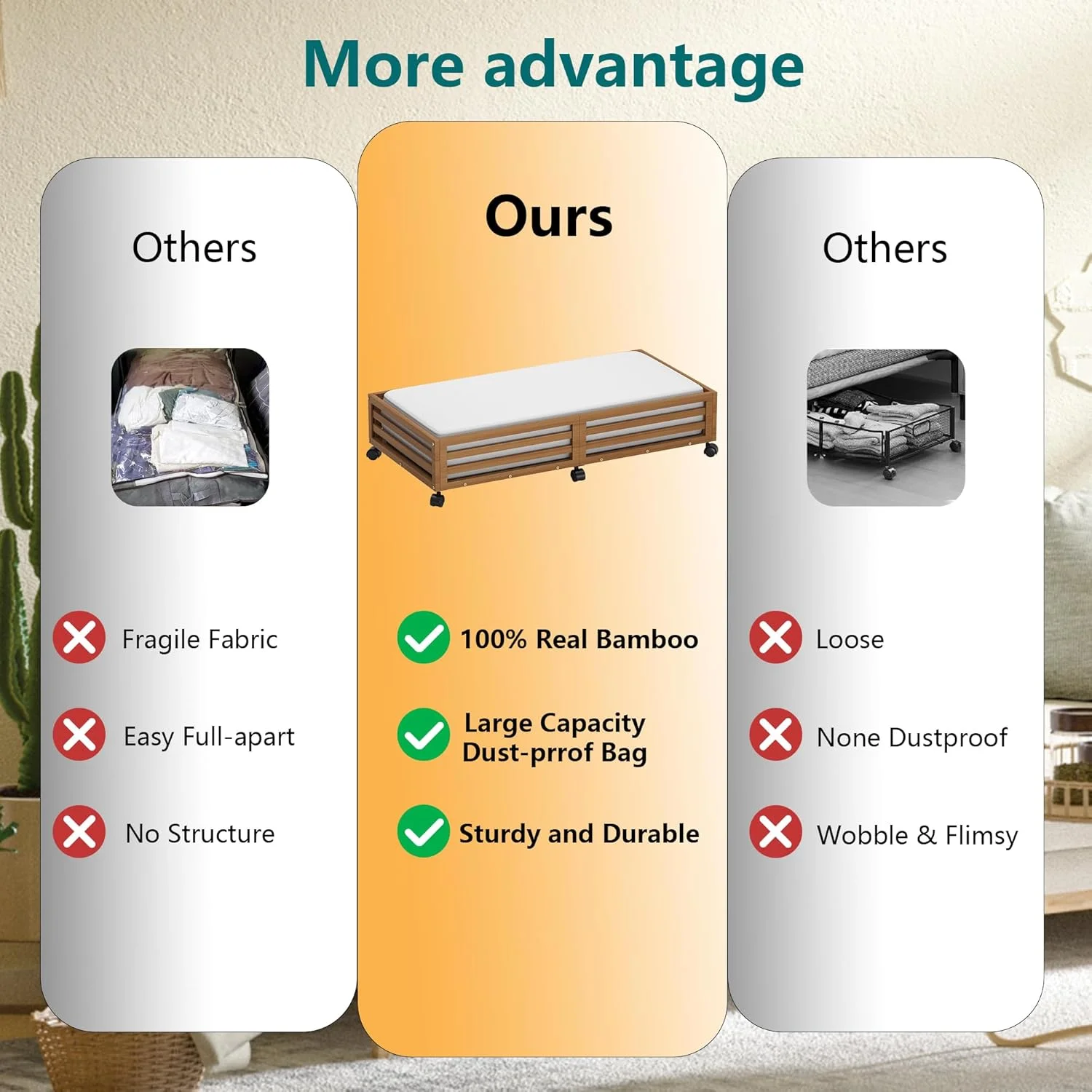 Bamboo Under Bed Storage Containers- Underbed Organizer with Wheels with Large Capacity Dust Bag,Sturdy Wood Rolling Under Bed Shoe Storage Organizer 2 Packs (Walnut, 2 Packs (33.07×16.54))