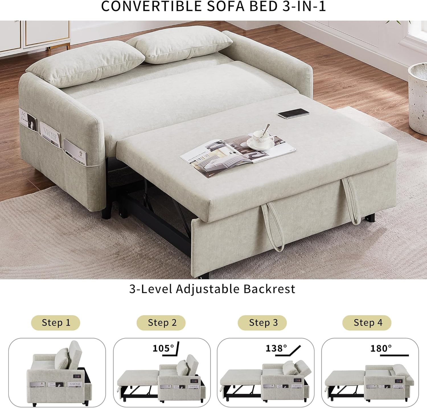 55" Sleeper Sofa with Pull Out Bed, Futon Couch w/USB Ports, 3-in-1 Convertible Loveseats w/Adjustable Backrest, Side Storage Pockets & Two Pillows for Living Room, Apartment, Beige