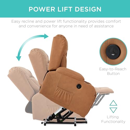 Best Choice Products PU Leather Electric Power Lift Chair, Recliner Massage Chair, Adjustable Furniture for Back, Legs w/ 3 Positions, USB Port, Heat, Cupholders, Easy-to-Reach Side Button - Brown